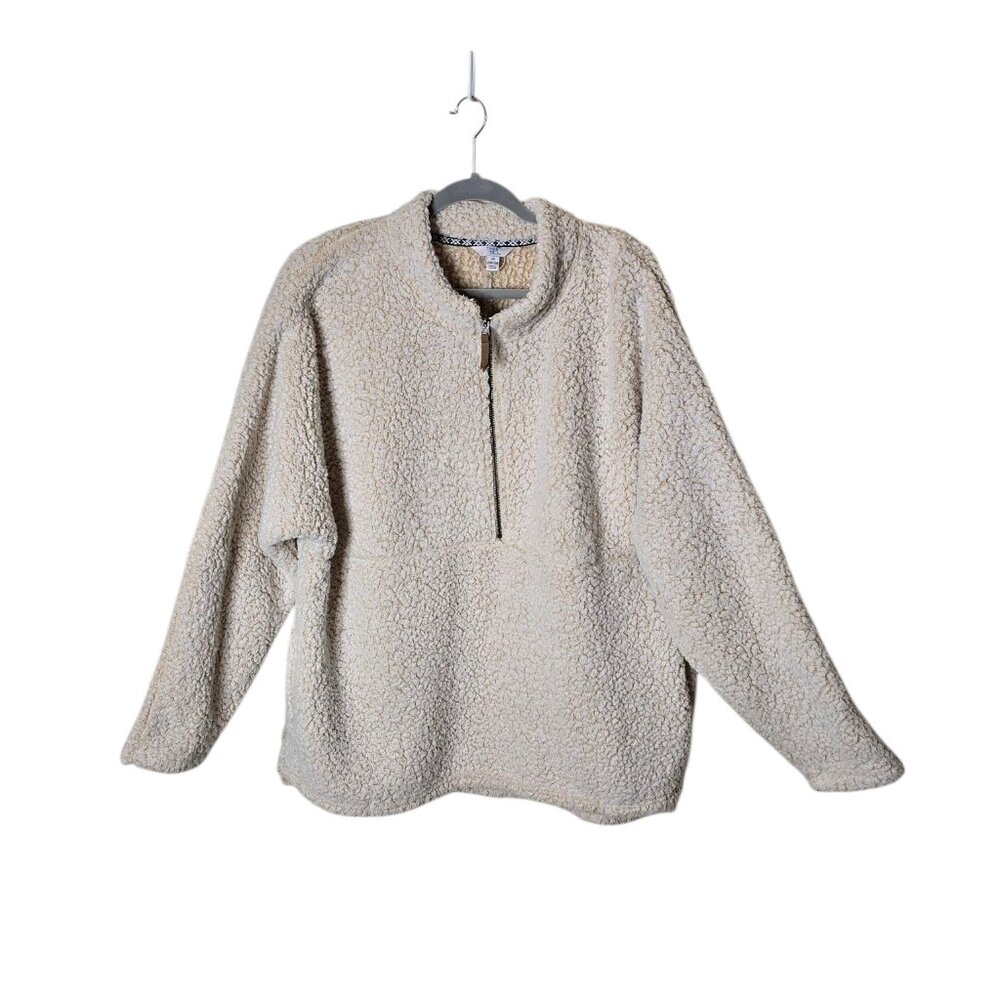 Plus Size 2XL Beige Sherpa Pullover Teddy Fleece 1/4 Zip Cozy Lounge Sweater